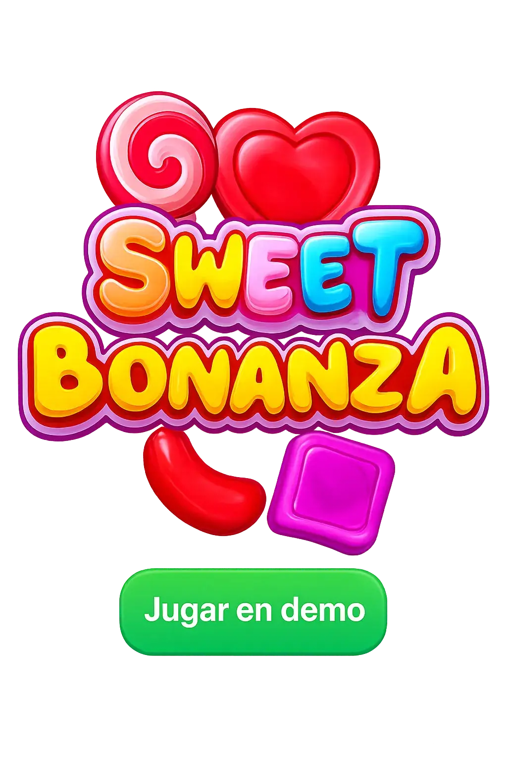 Logotipo de Sweet Bonanza con caramelos y botón Jugar en demo